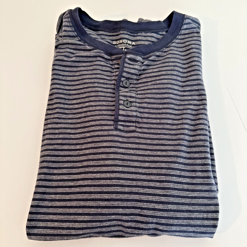 Sonoma Life Plus Style Mens XL Henley Shirt Navy Blue Gray Striped Short Sleeve